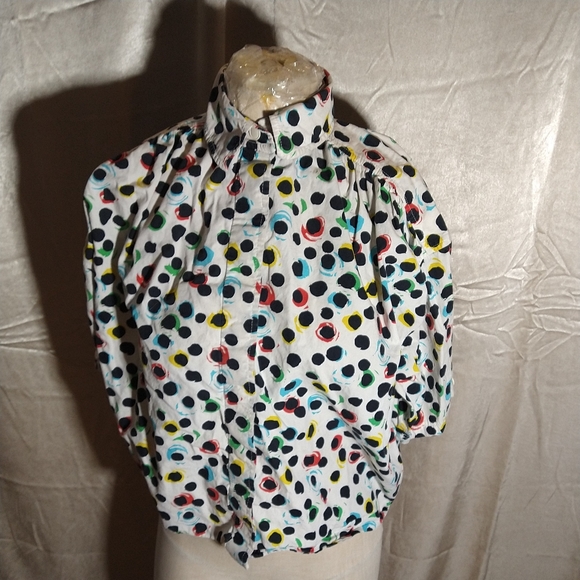 Vintage 60s 70s Ungaro Rainbow and Black Polka Dot Short Sleeve Bubble Blouse.. - Picture 3 of 9